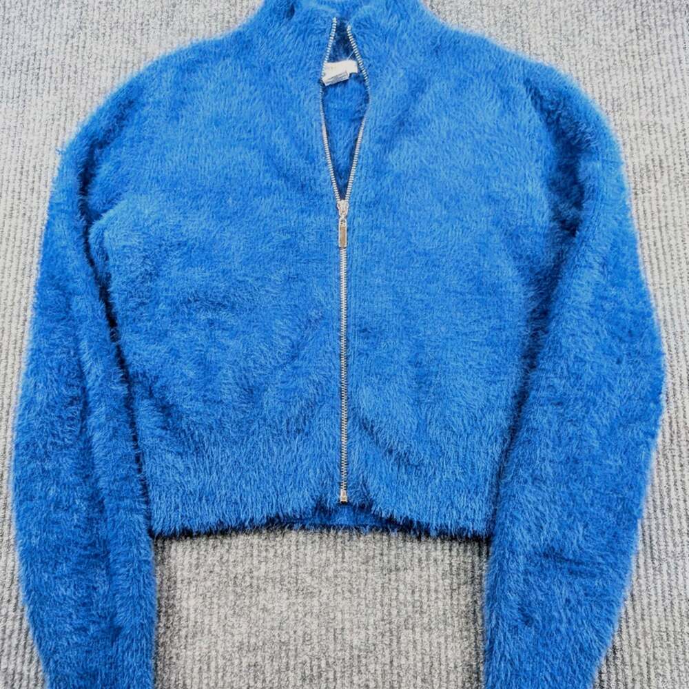 Sincerely Jules Blue Eyelash Knit Full-Zip Mock Neck Crop Sweater